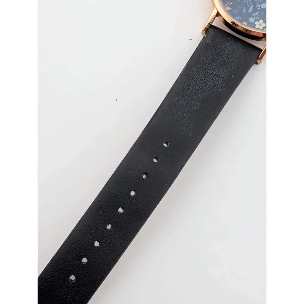 Women's‎ Floral Dial Watch 36mm Rose Gold Case Black Faux Leather Band- Working